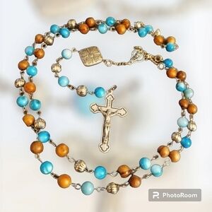 Handmade Olive Wood Vintage Metal Shell Beaded Crucifix Rosary Necklace